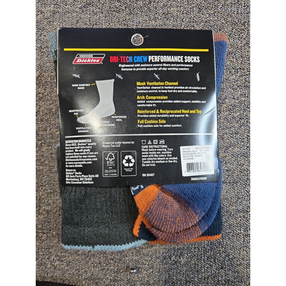 Dickies Size 6-12 Mens Performance Crew Work Socks 6 Pairs Gold Blue Navy Black - Picture 3 of 3